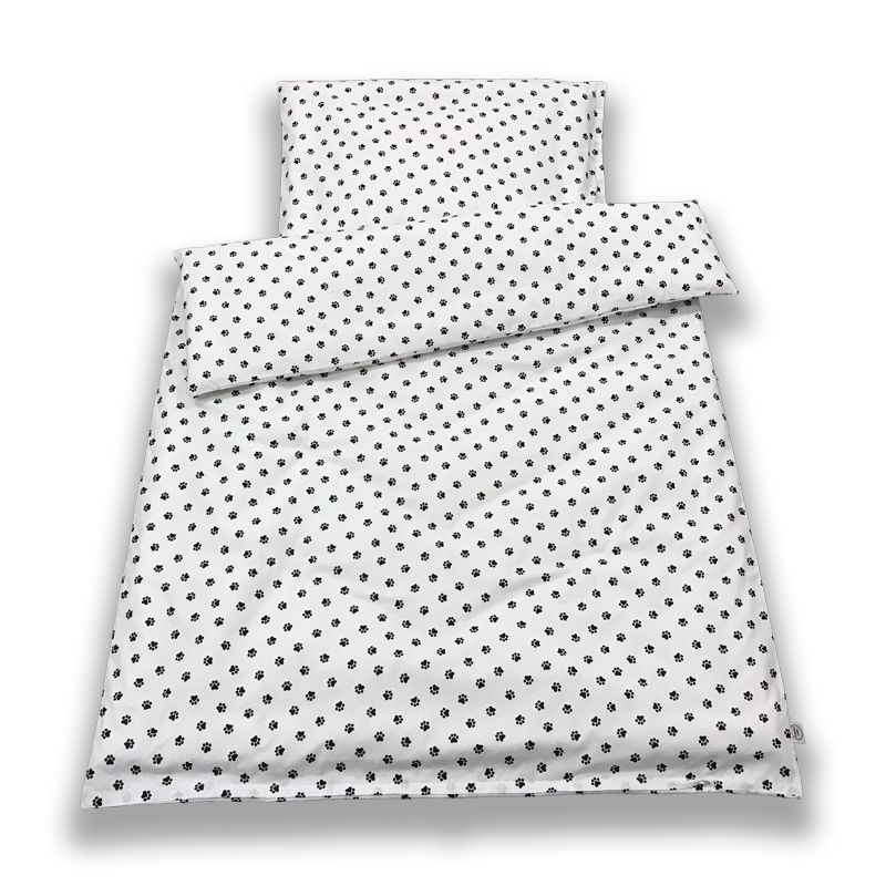 Komplet pościeli bawełnianej do łóżeczka 90x120 + 40x60 Czarne łapki na białym tle